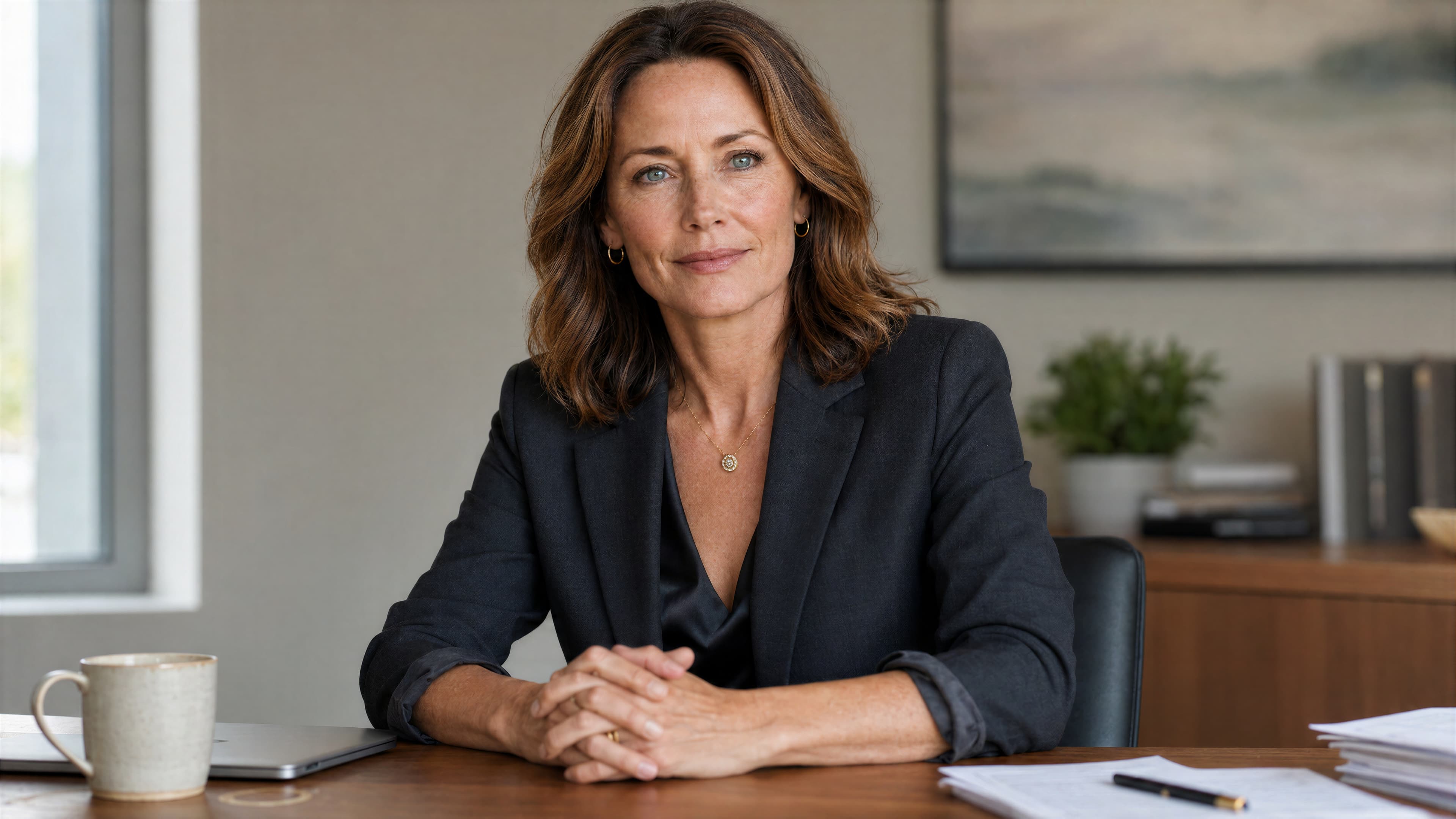 Quin, seated at a desk