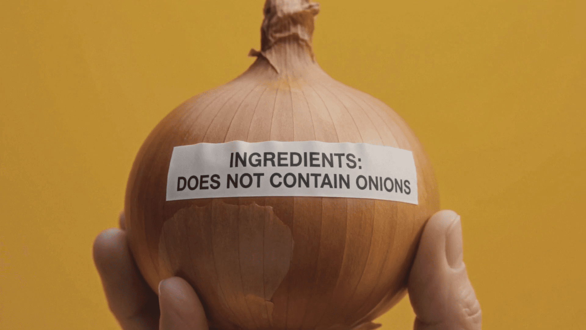 Hands holding an onion labelled: Ingredients — does not contain onions