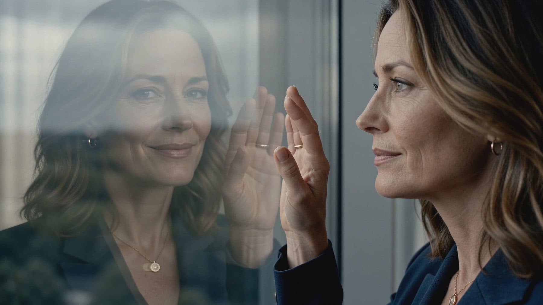 Quin, a synthetic leader, facing her reflection