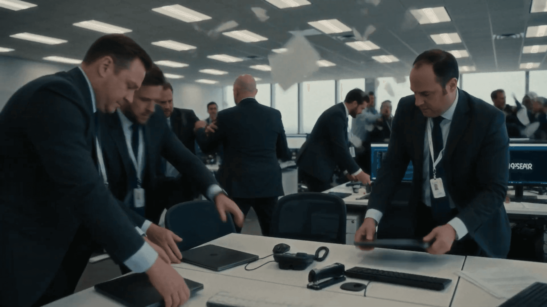 A crowded trading floor of men in suits reaching across desks